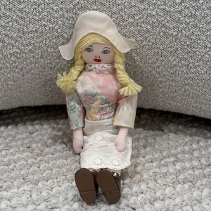 Vintage Folk Art Rag Doll Sewn Face Plush Cloth 16" Floral Shirt Lace Apron